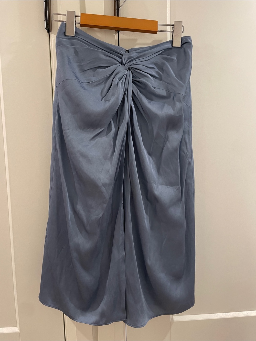 Club Monaco Silk-Feel Dusty Blue Knot-Front Midi Skirt